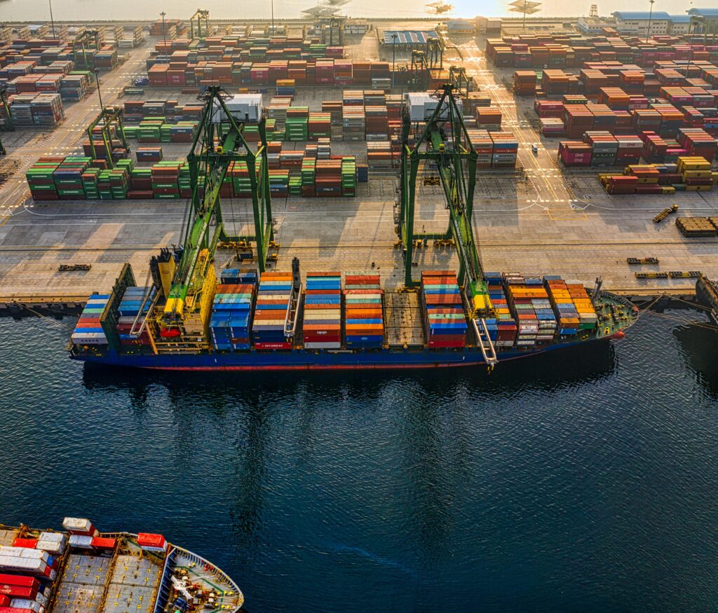 Aerial view of a container terminal with cranes