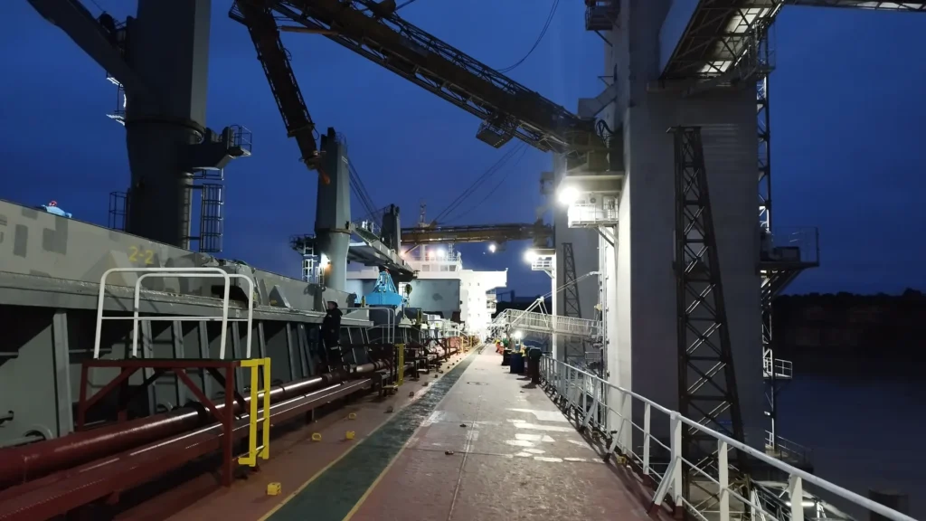 Terminal loading gantries seen from the vessel's deck