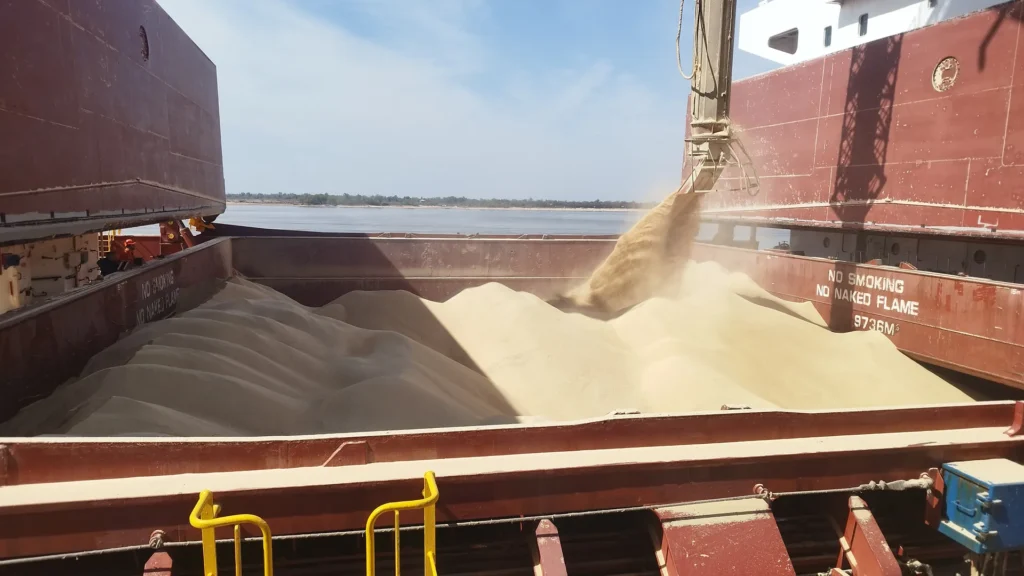 Grain loading into a cargo hold at a river terminal