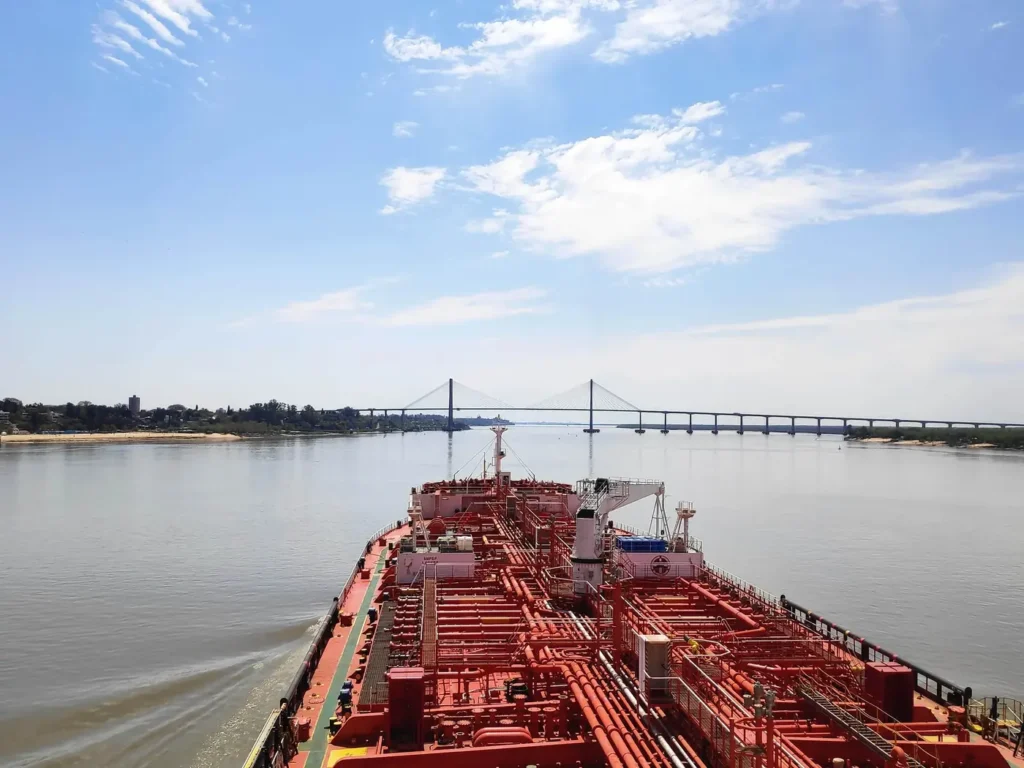 Oil tanker alongside a river terminal on the Parana river