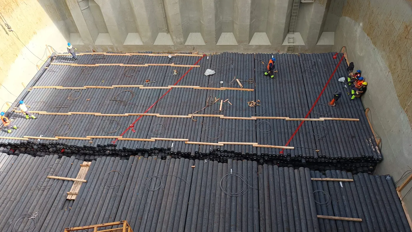 Bulk cargo hold after loading, trimmed with a bulldozer