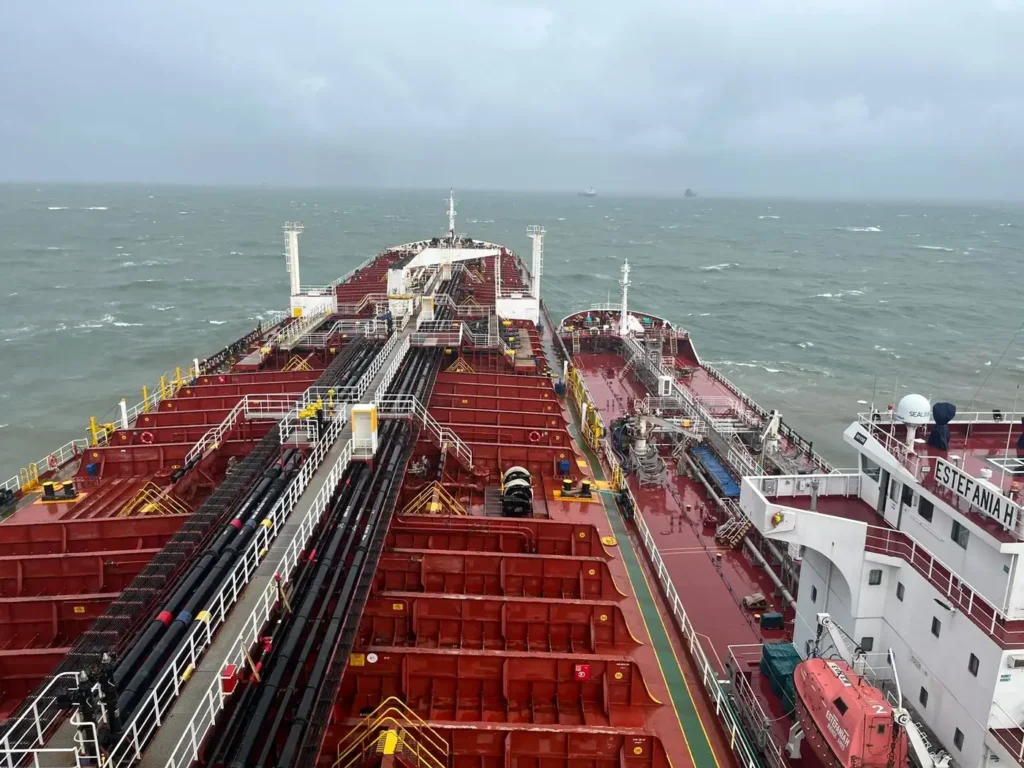 Deck of an oil tanker seen from the bridge during bunkering