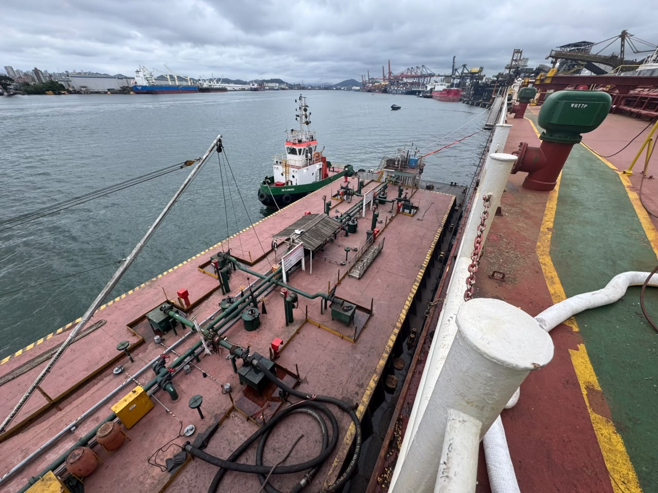 Bunker barge deck seen from the vessel during delivery at Santos